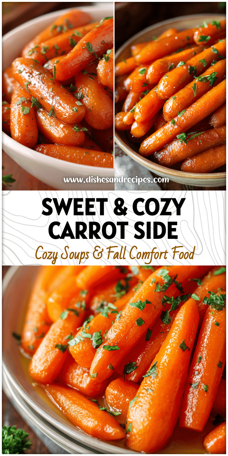 Bowl of glistening maple brown sugar carrots cooked in a slow cooker and topped with fresh herbs.